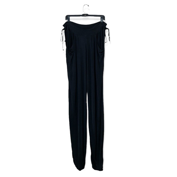Alexis Black Satin Pants Pull On Side Tie Pockets Drape Slouchy Jogger High Rise - Picture 1 of 12